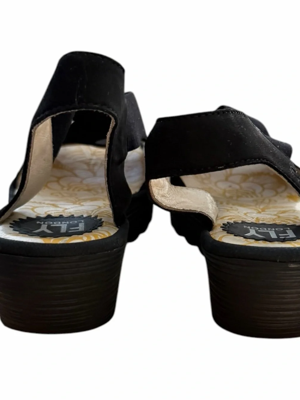 Fly London Yaji888fly Black Leather Crisscross Elastic Wedge Sandals Sz 35 US 5